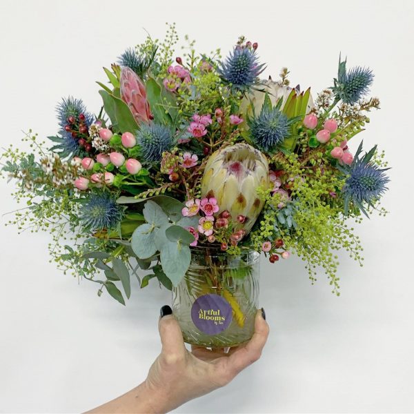 Artful Blooms Native Posy Native blooms berries in a gorgeous patterned glass vase Dromana flowers Mornington Peninsula flower delivery